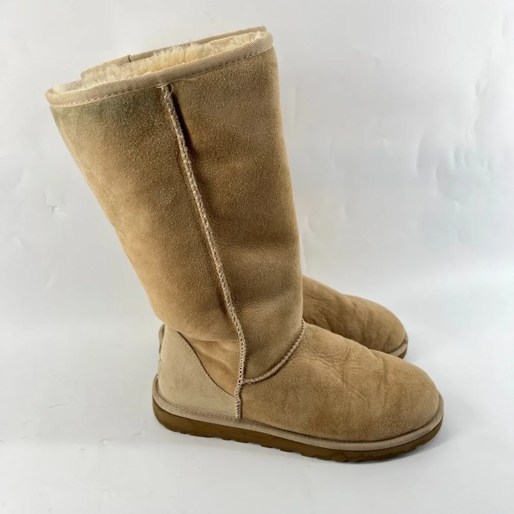 UGG Classic Tall Boots 5815 Womens 8 Suede Sheepskin Shearling Tan Beige Leather